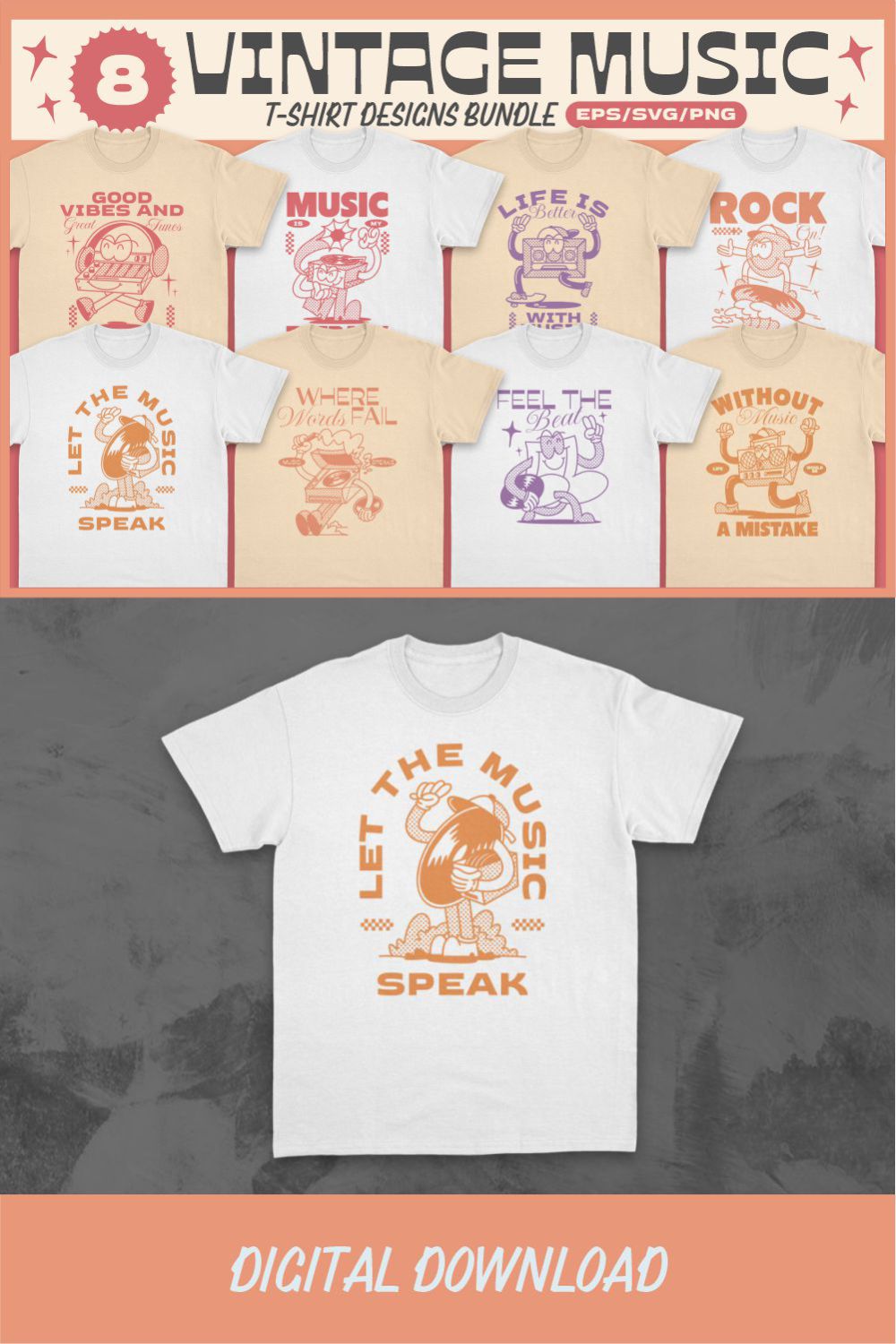 Vintage Music T-shirt Designs Bundle Vector pinterest preview image.