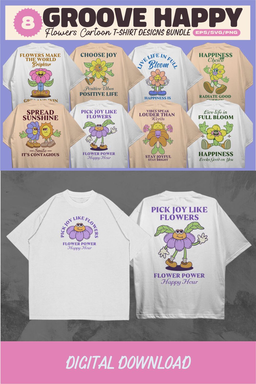 Groove Flowers Cartoon T-shirt Designs Bundle pinterest preview image.