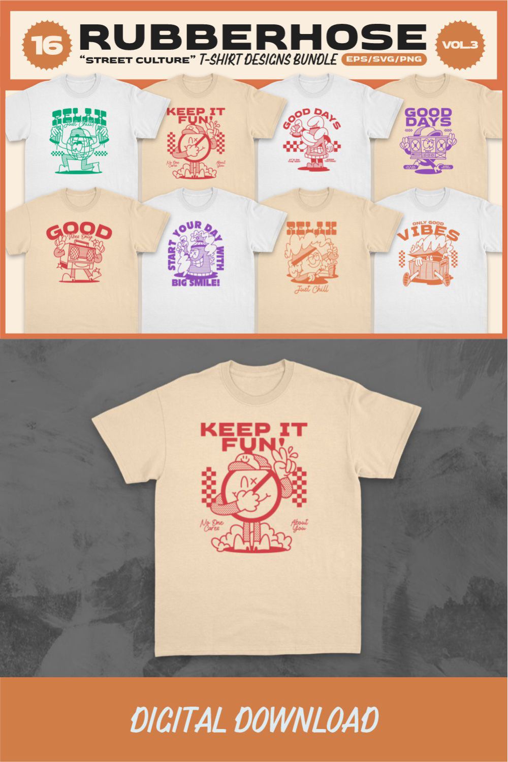 Rubberhose Street Culture Cartoon T-shirt Designs Vector Bundle pinterest preview image.