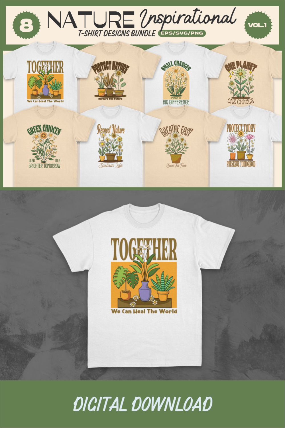 Nature Inspirational T-shirt Designs Bundle pinterest preview image.