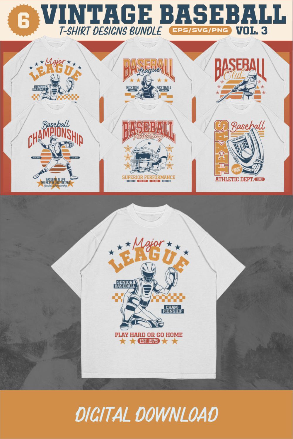 Vintage Baseball T-shirt Designs Vector Bundle V3 pinterest preview image.