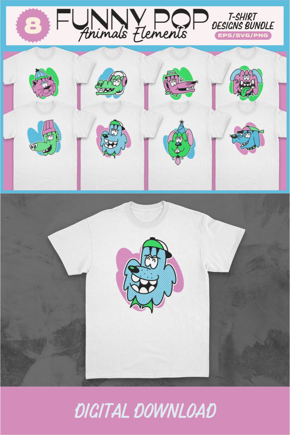 Funny Pop Animals Elements T-shirt Designs Bundle pinterest preview image.