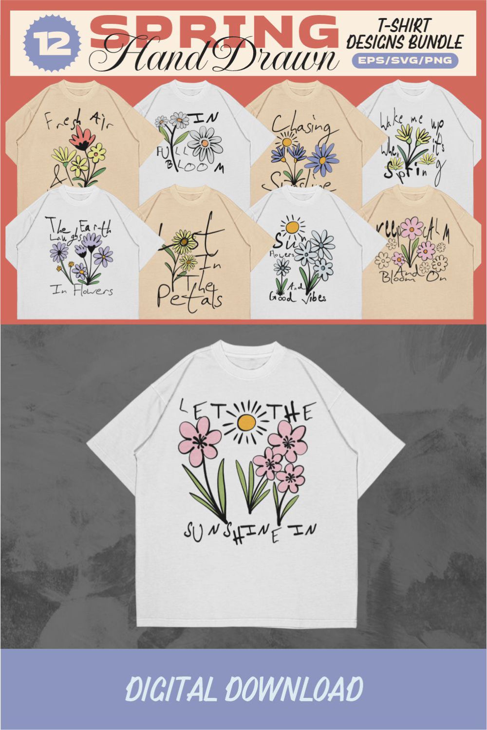 Spring Flowers Hand-Drawn T-shirt Designs Vector Bundle pinterest preview image.