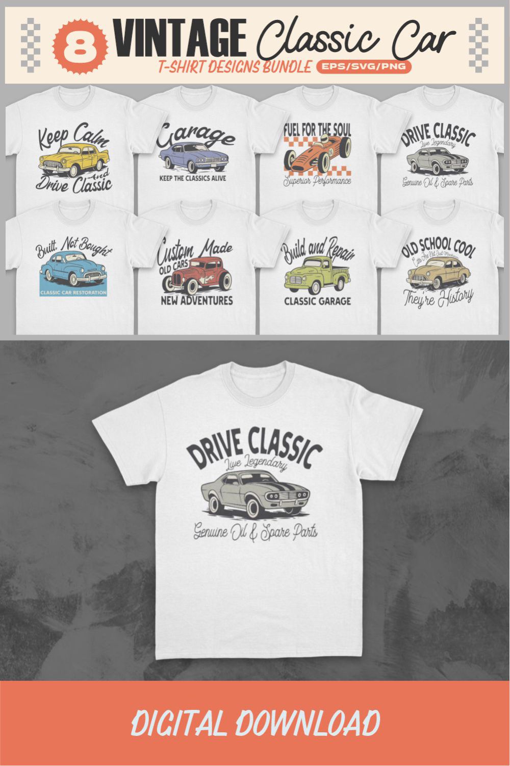 Vintage Classic Car T-shirt Designs Bundle pinterest preview image.