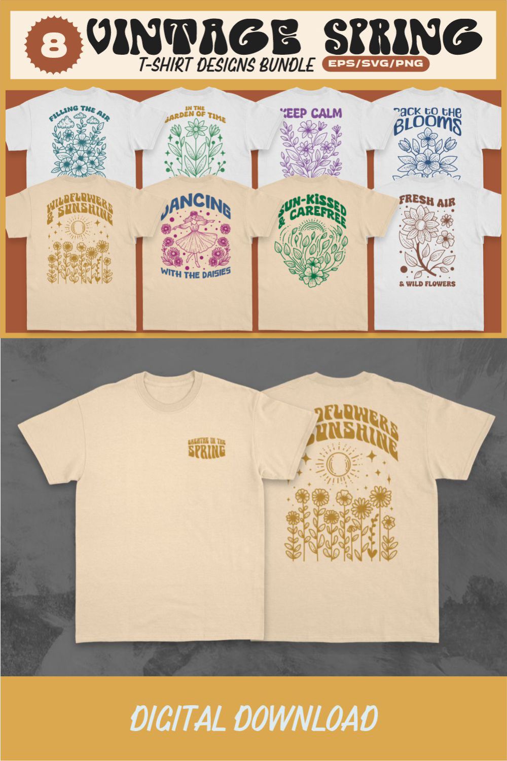 Vintage Spring T-shirt Designs Vector Bundle pinterest preview image.