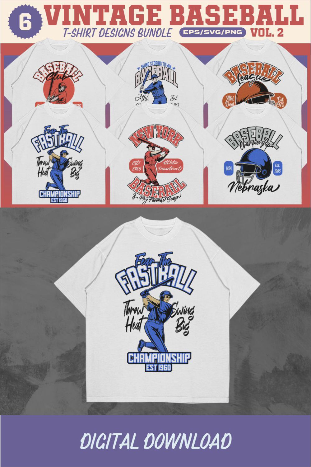 Vintage Baseball T-shirt Designs Vector Bundle v2 pinterest preview image.