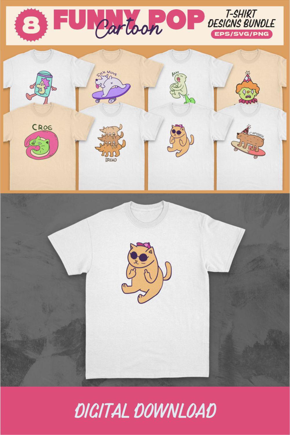 Funny Pop Cartoon Animals T-shirt Designs Vector Bundle pinterest preview image.