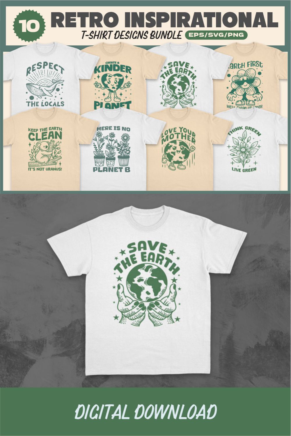 Retro Environment T-shirt Designs Vector Bundle with Earth Day Themes pinterest preview image.