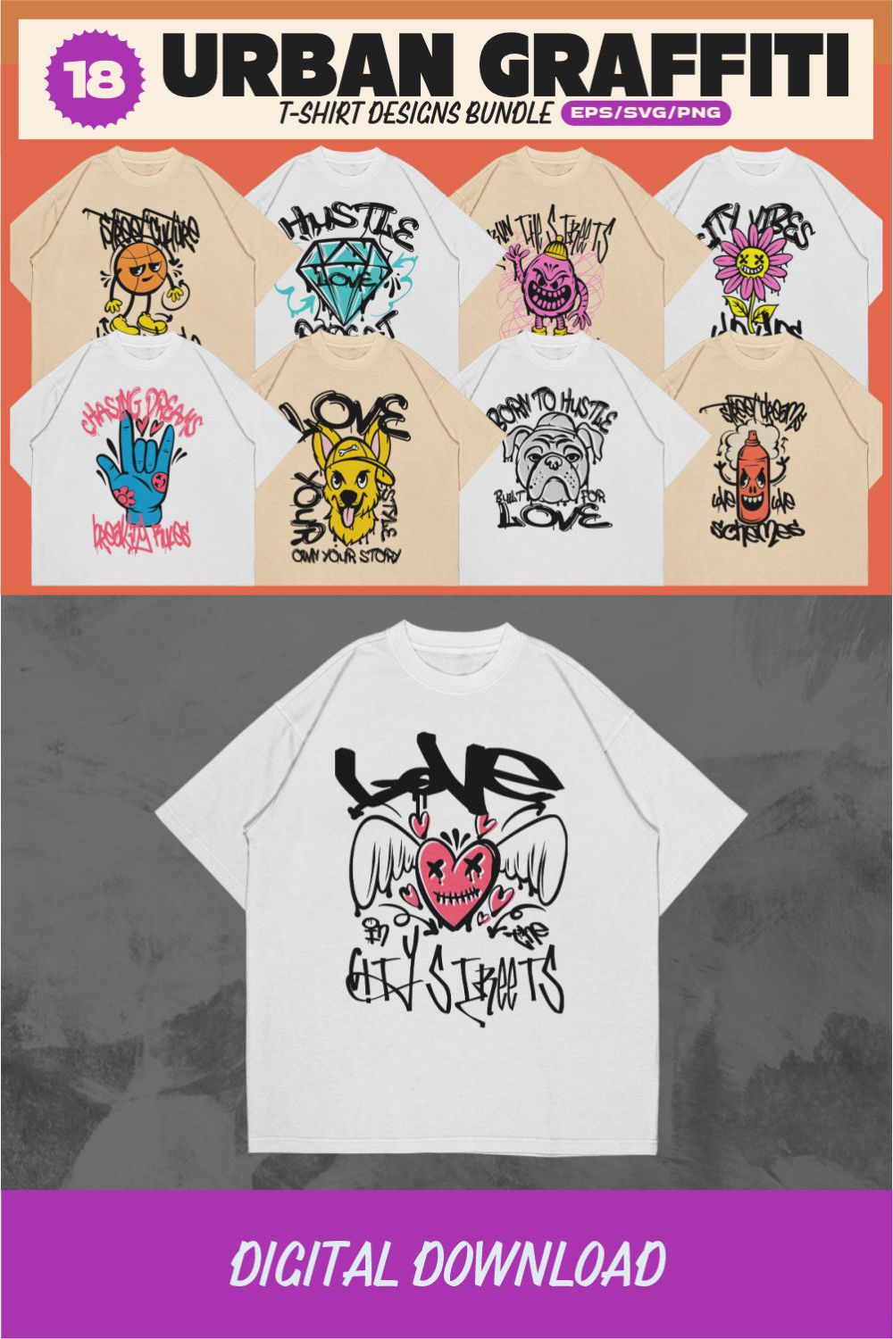 Urban Graffiti T-shirt Designs Bundle pinterest preview image.