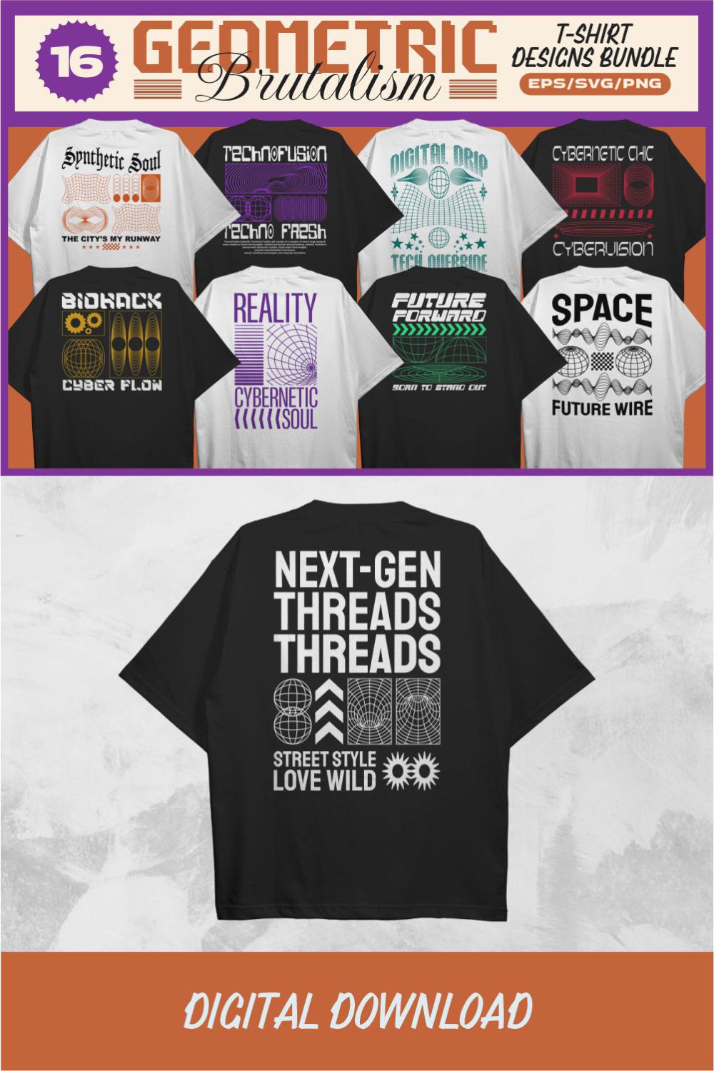 Geometric Brutalism T-shirt Designs Vector Bundle with Urban Theme pinterest preview image.