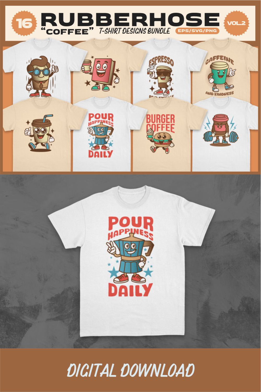 Rubberhose Coffee T-shirt Designs Vector pinterest preview image.