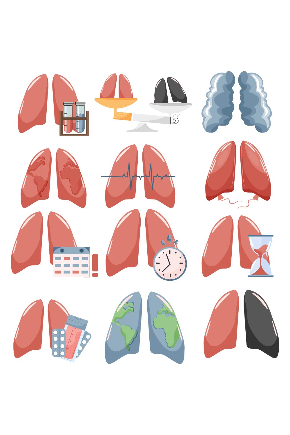 Set of 12 Lungs Icons – Healthy & Unhealthy, Planet Lungs, Cigarette Lungs pinterest preview image.