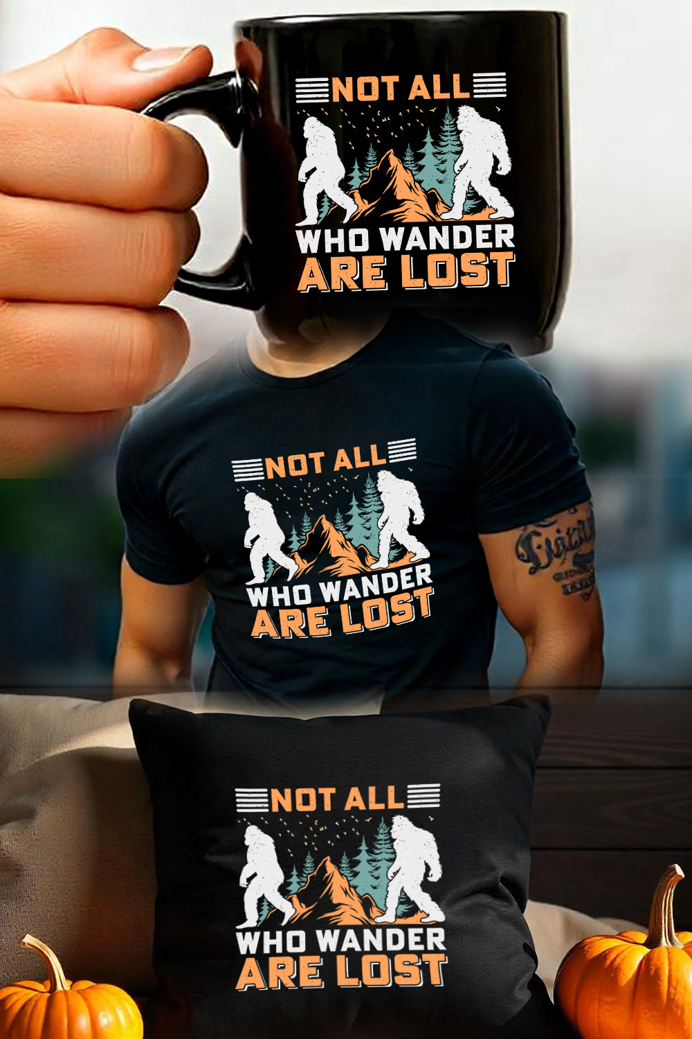 Not All Who Wander Are Lost Bigfoot Sasquatch Sublimation Retro T-Shirt Graphic pinterest preview image.