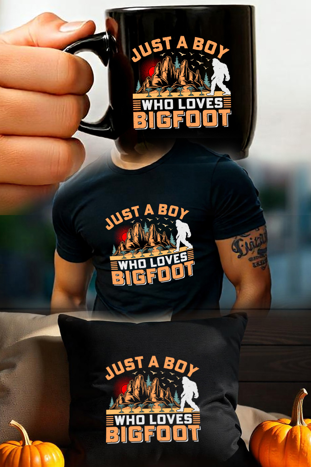 Just A Boy Who Loves Bigfoot Sasquatch Sublimation Retro T-Shirt Graphic pinterest preview image.