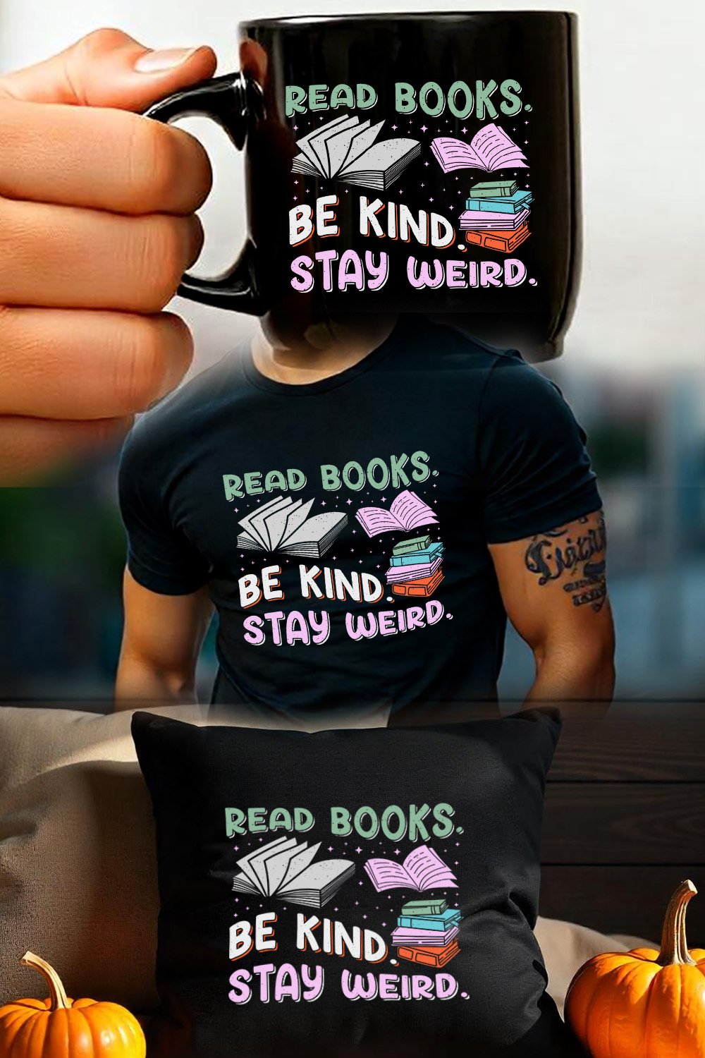 Read Books Be Kind Stay Weird Read Book Reading Sublimation Retro Vintage T-Shirt Vector Graphic Design pinterest preview image.