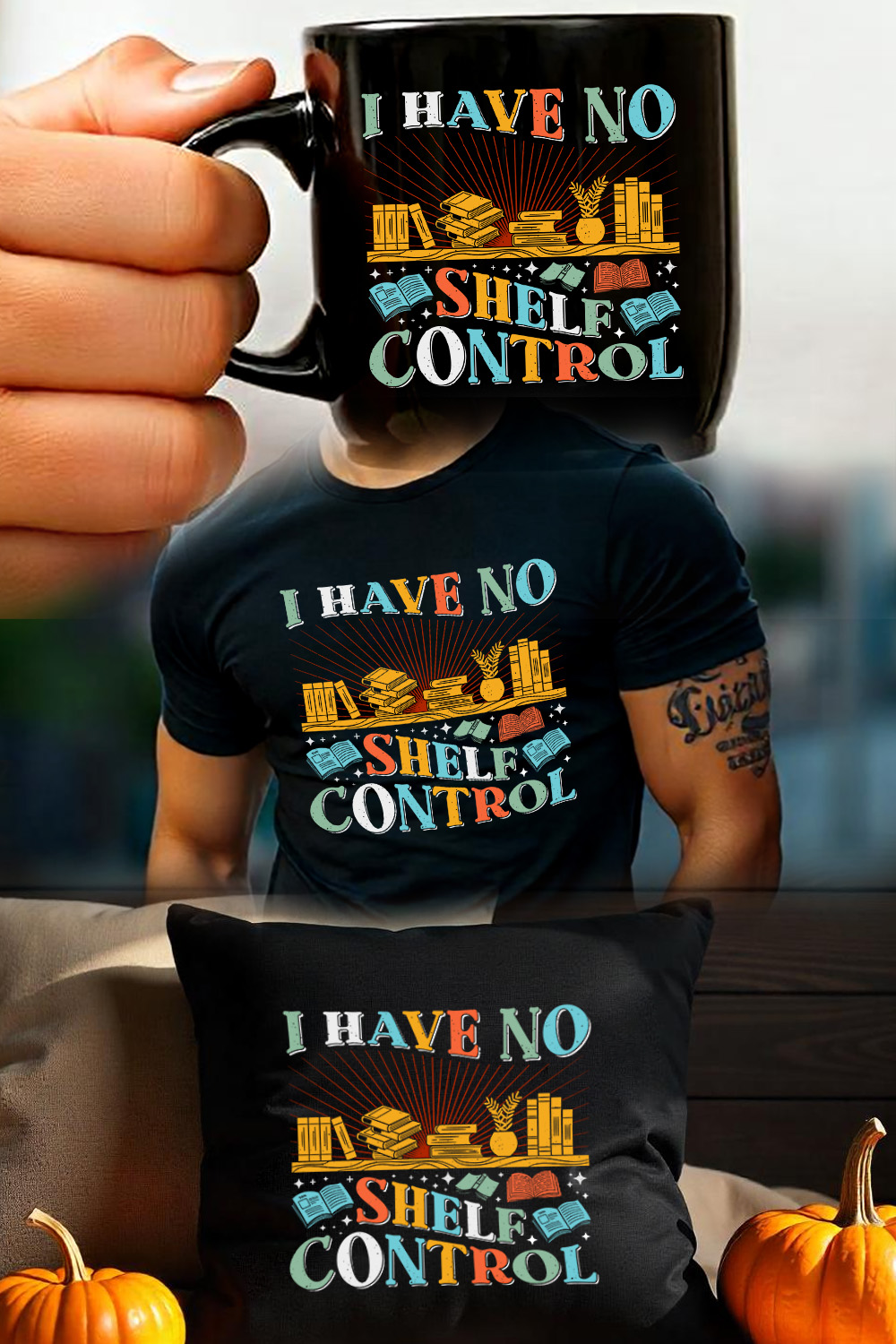 I Have No Shelf Control Read Book Reading Sublimation Retro Vintage T-Shirt Vector Graphic Design pinterest preview image.