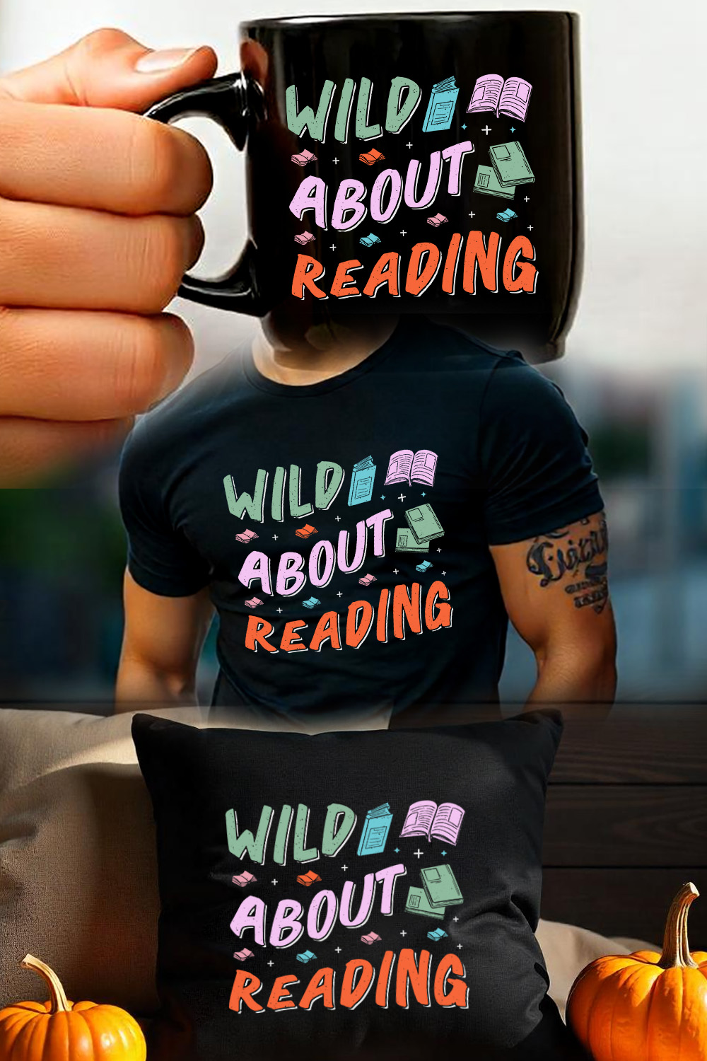 Wild About Reading Read Book Reading Sublimation Retro Vintage T-Shirt Vector Graphic Design pinterest preview image.