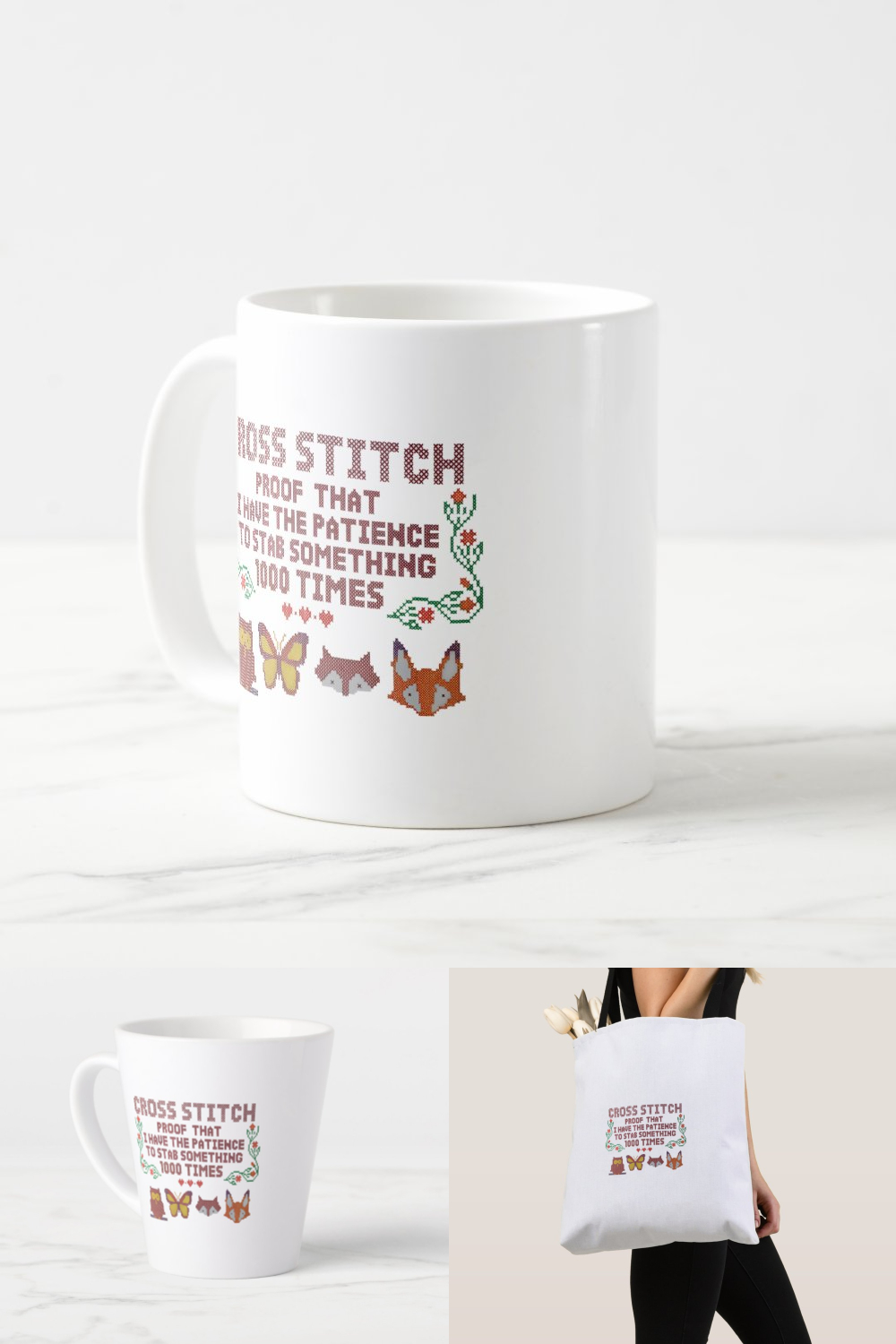 Funny Cross Stitch Lover Mug Design – 'Have Patience to Stab 1000 Times' pinterest preview image.