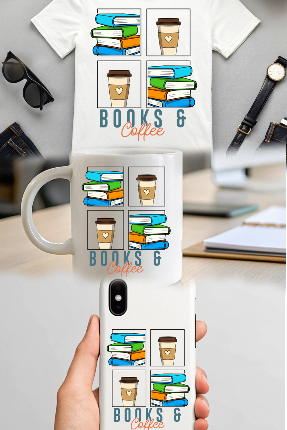 Books and Coffee Aesthetic – Cozy Reading and Caffeine Lover Illustration pinterest preview image.