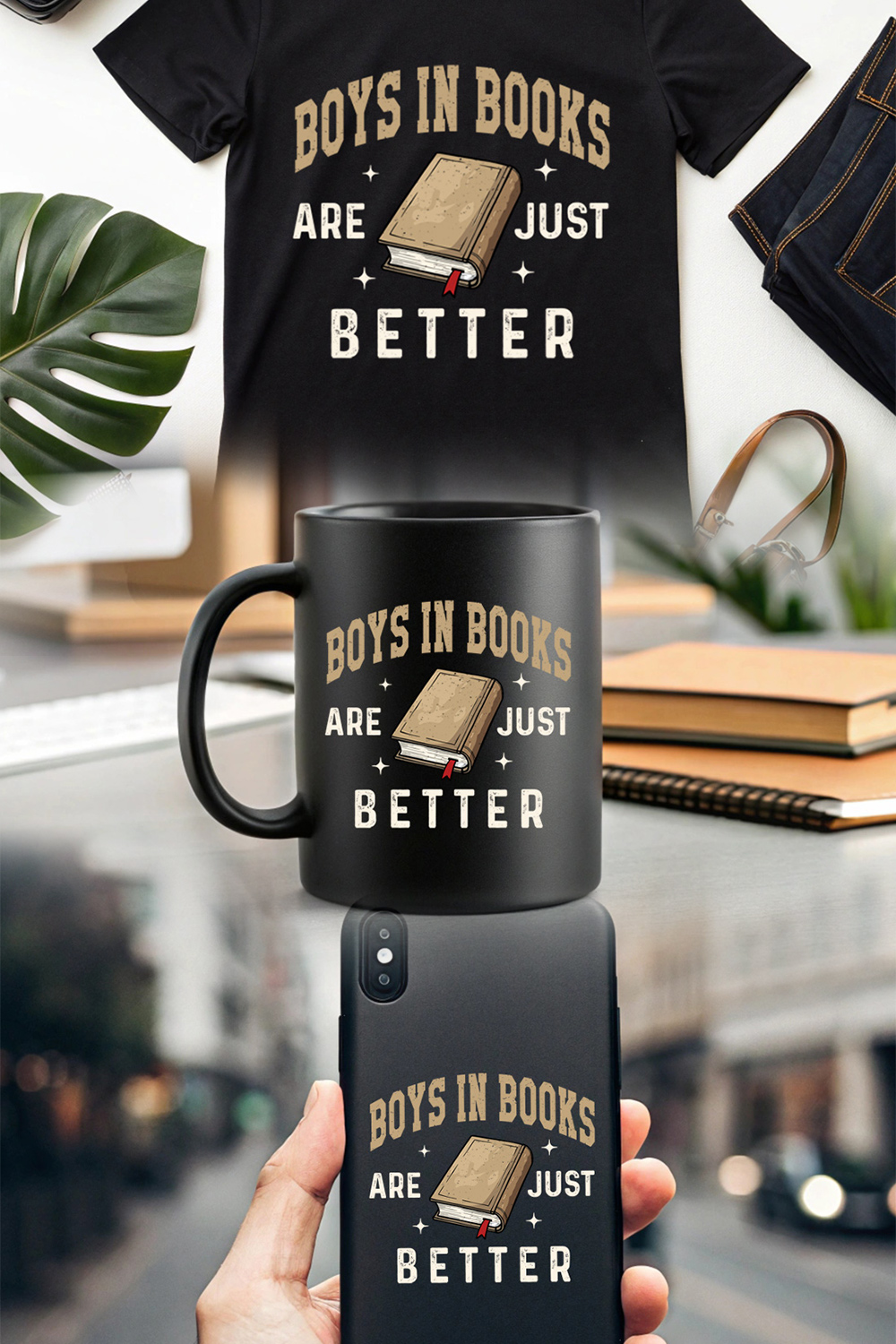 boys in books are just better - vintage book lover t-shirt design pinterest preview image.