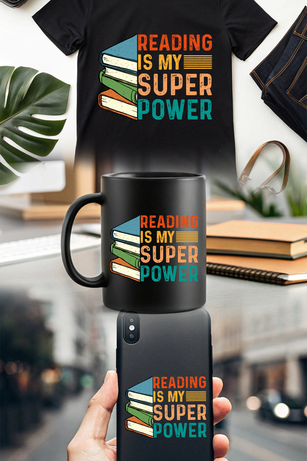 retro book lover t-shirt design - reading is my superpower vintage style pinterest preview image.