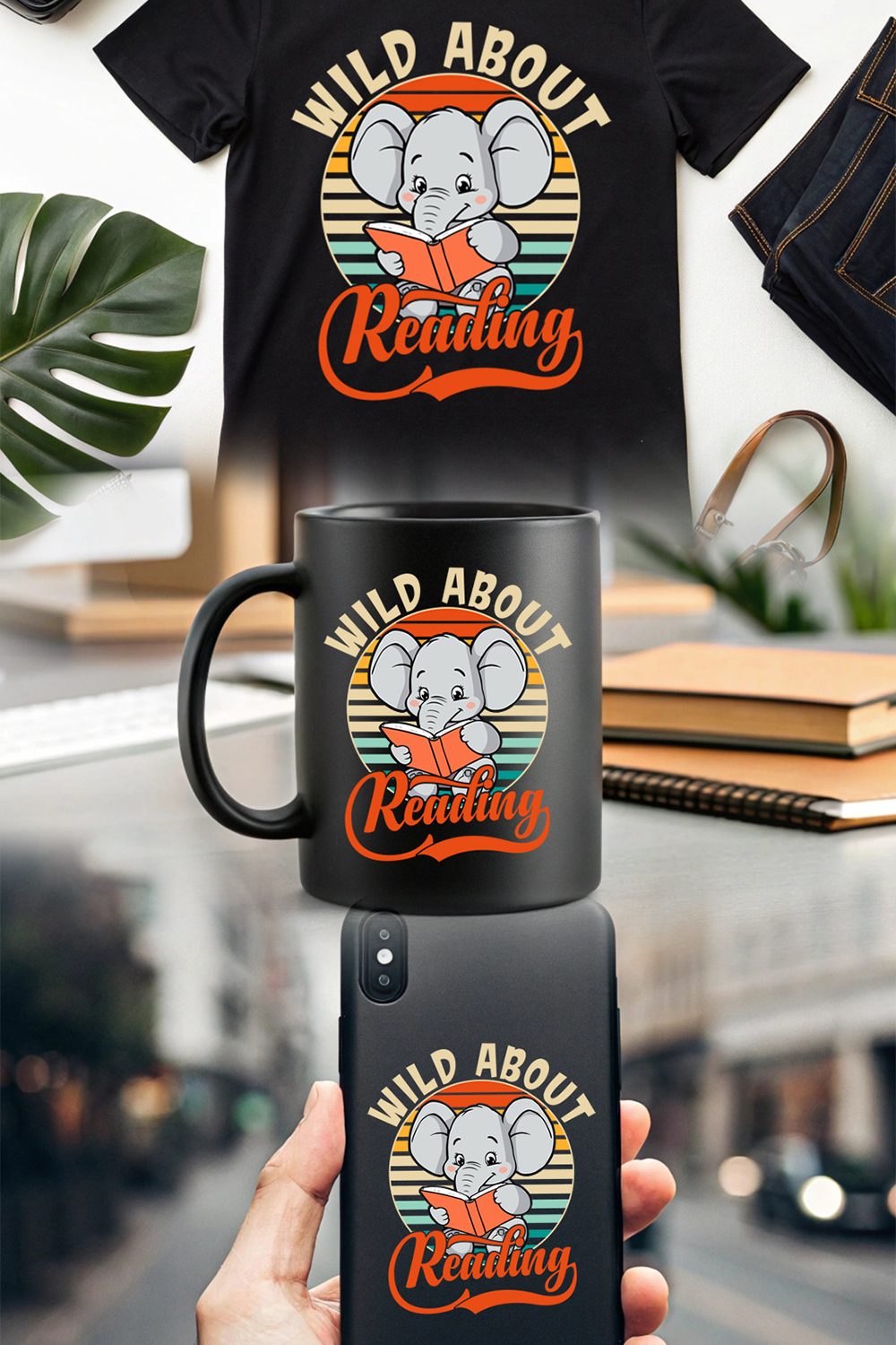 Retro Striped Elephant Reading Design for Apparel & Gifts pinterest preview image.