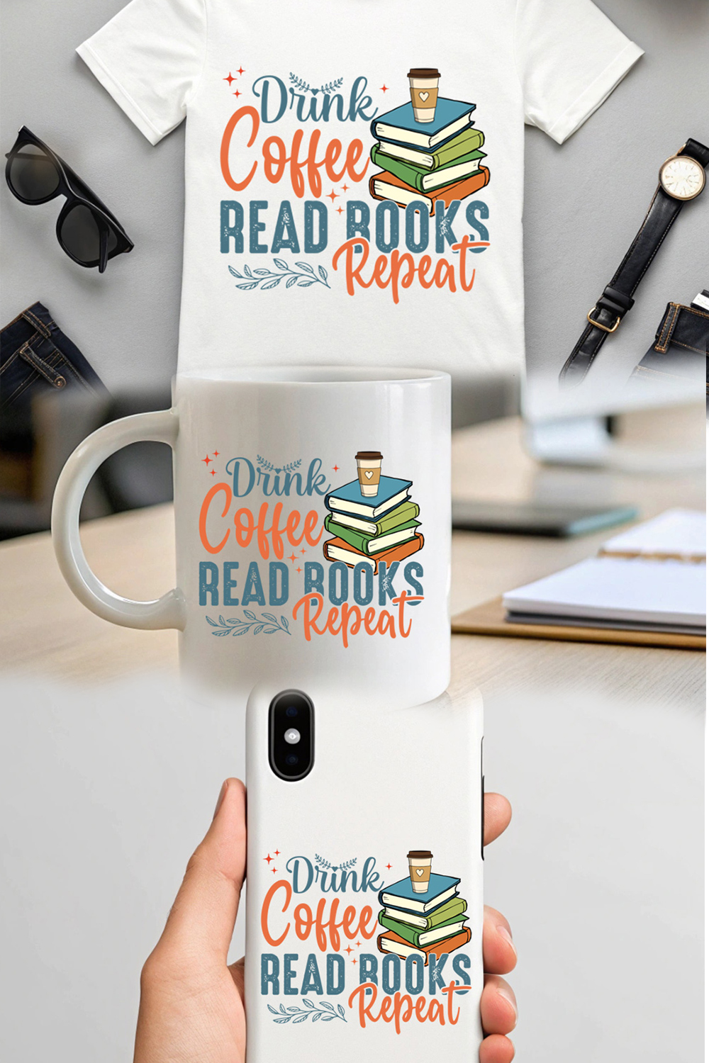 drink coffee read books repeat - book lover t-shirt design with vintage typography pinterest preview image.