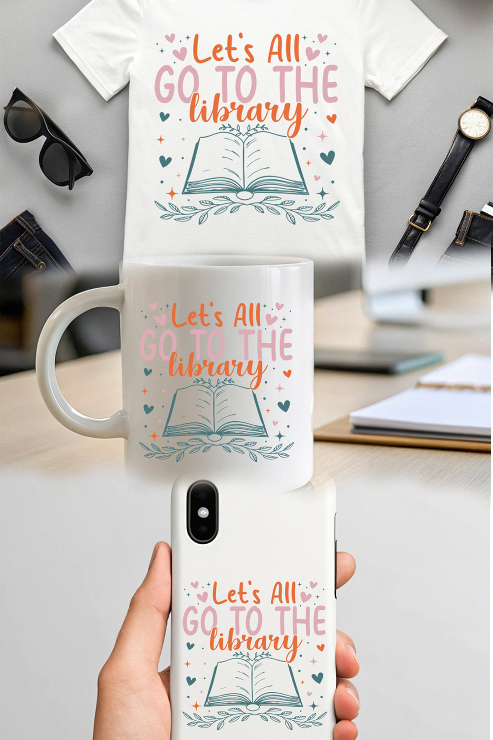 cute book lover t-shirt design with typography 'let's all go to the library' and open book illustration pinterest preview image.