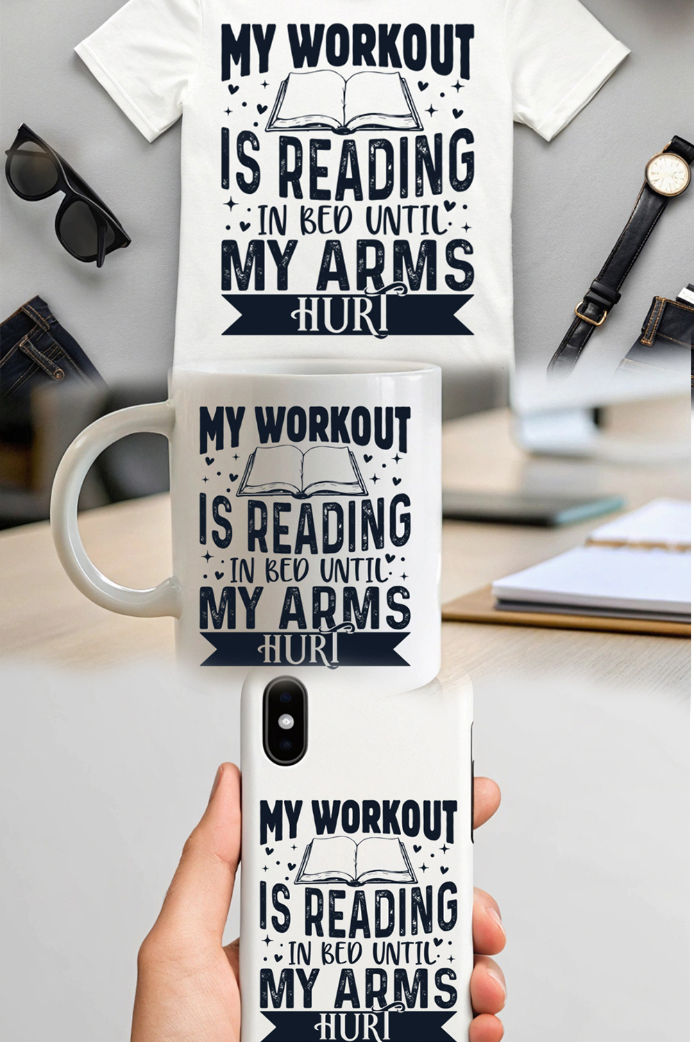 Funny Reading Quote – 'My Workout is Reading in Bed' Book Lover T-Shirt Design pinterest preview image.