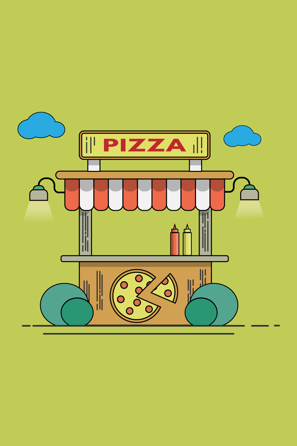 Pizza shop illustration with yellow background pinterest preview image.