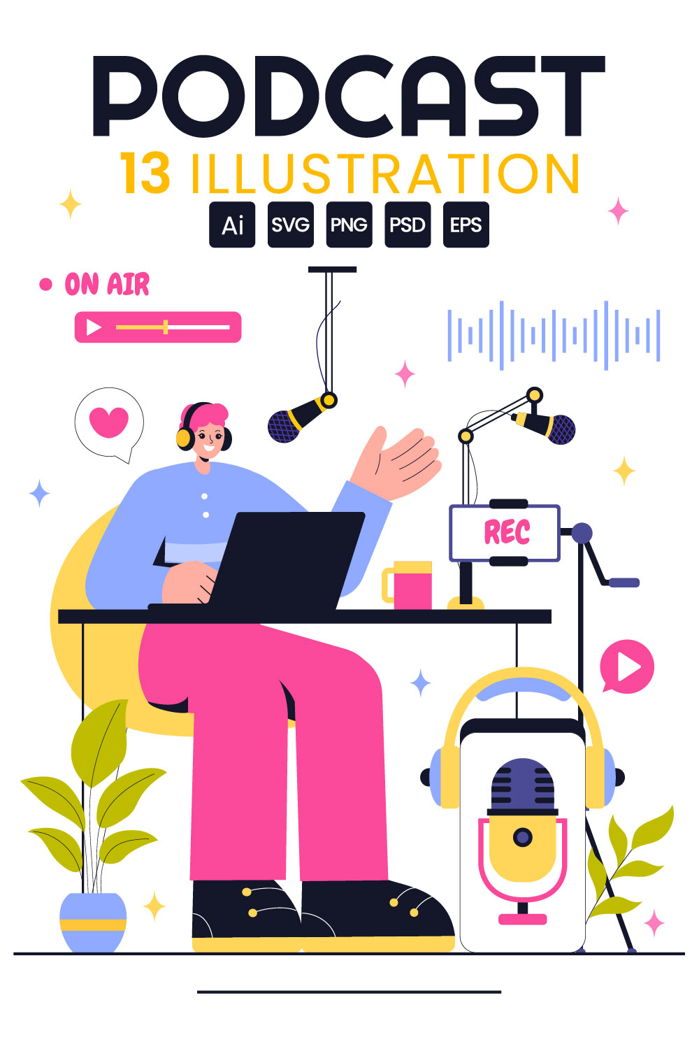 13 Podcast Studio Illustration pinterest preview image.