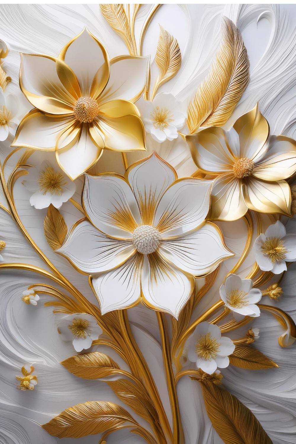 Gold and White Flowers on White Marbled Texture pinterest preview image.