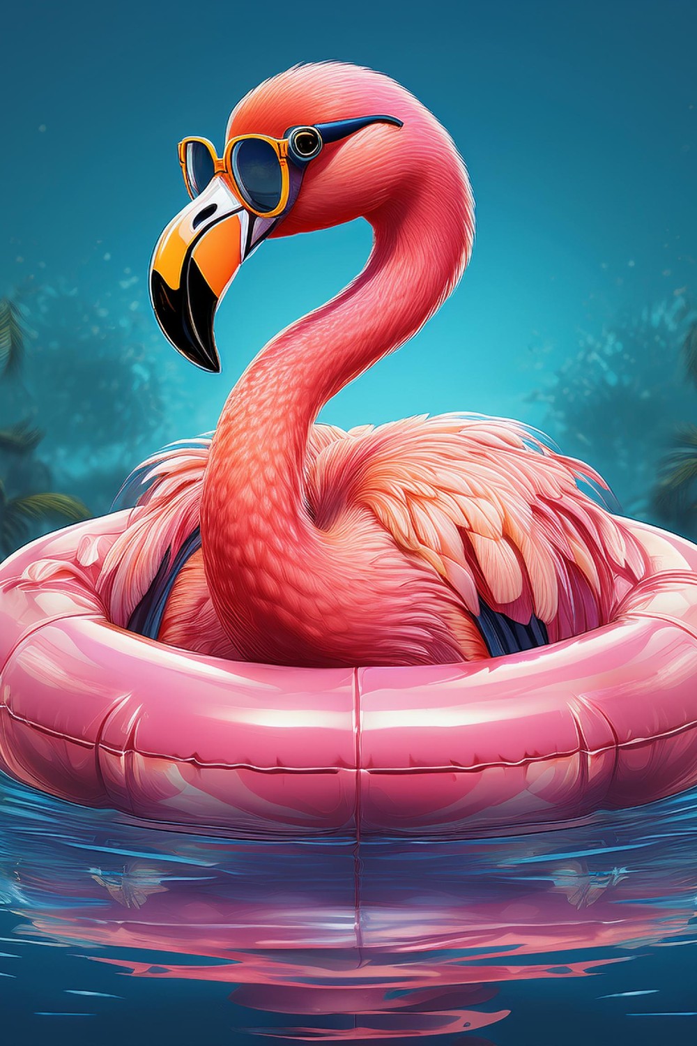 Trendy Pink Flamingo Wearing Sunglasses, Floating Relaxedly on an Inflatable Ring pinterest preview image.