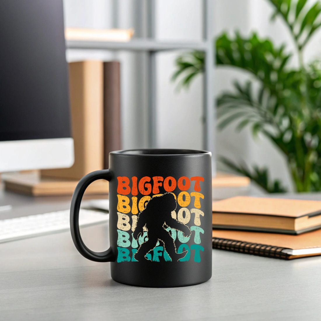 retro bigfoot t shirt design with vintage typography for outdoor and adventure lovers 2 black mug mock up 365
