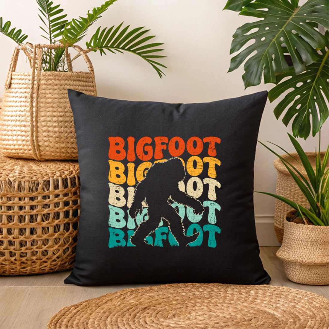 retro bigfoot t shirt design with vintage typography for outdoor and adventure lovers 3 black pillow mock up 953