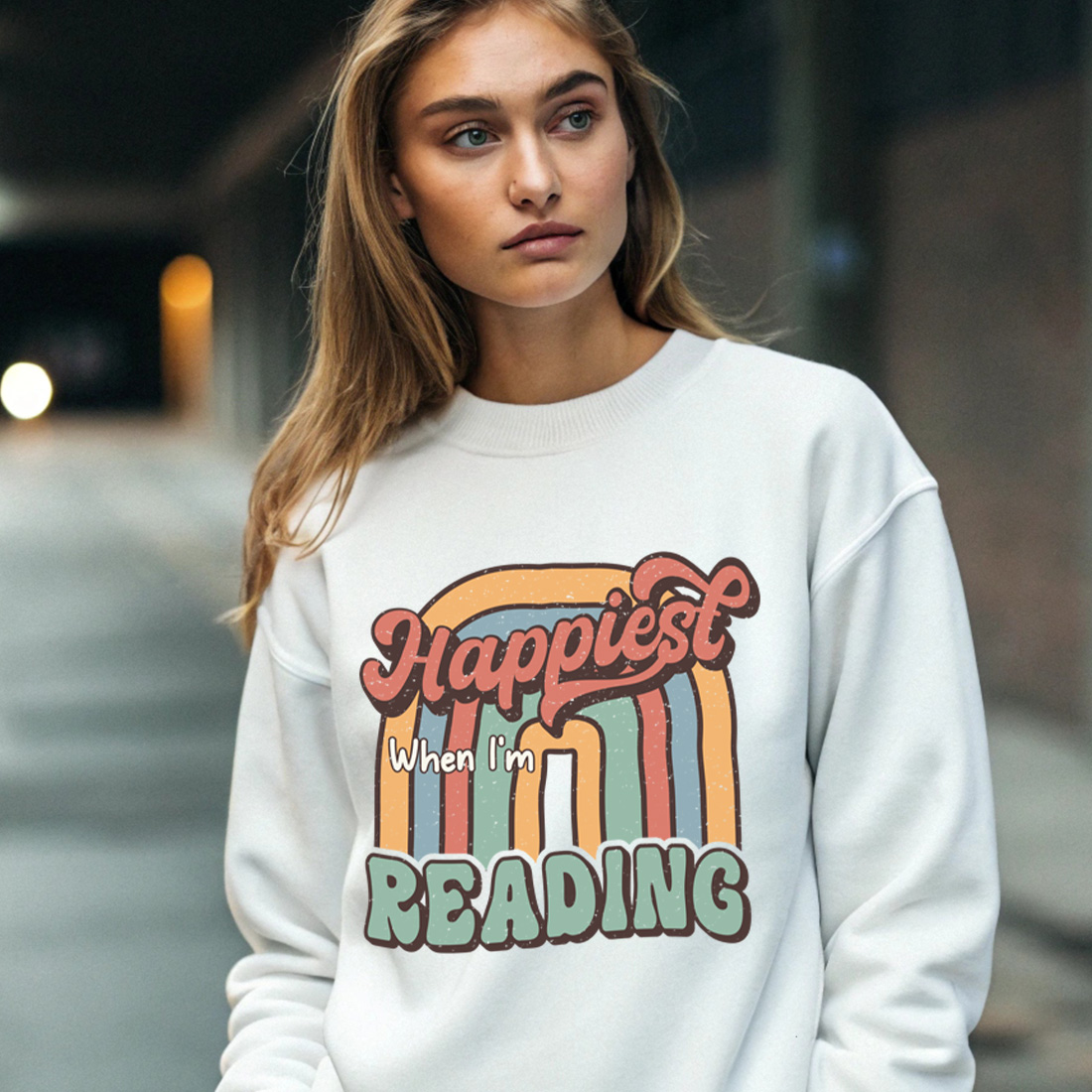 retro book lover t shirt design happiest when im reading vintage typography 4 with female sweatshirt mock up 920