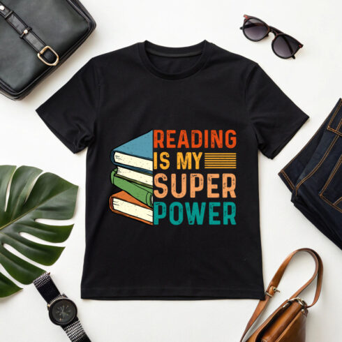 retro book lover t-shirt design - reading is my superpower vintage style cover image.