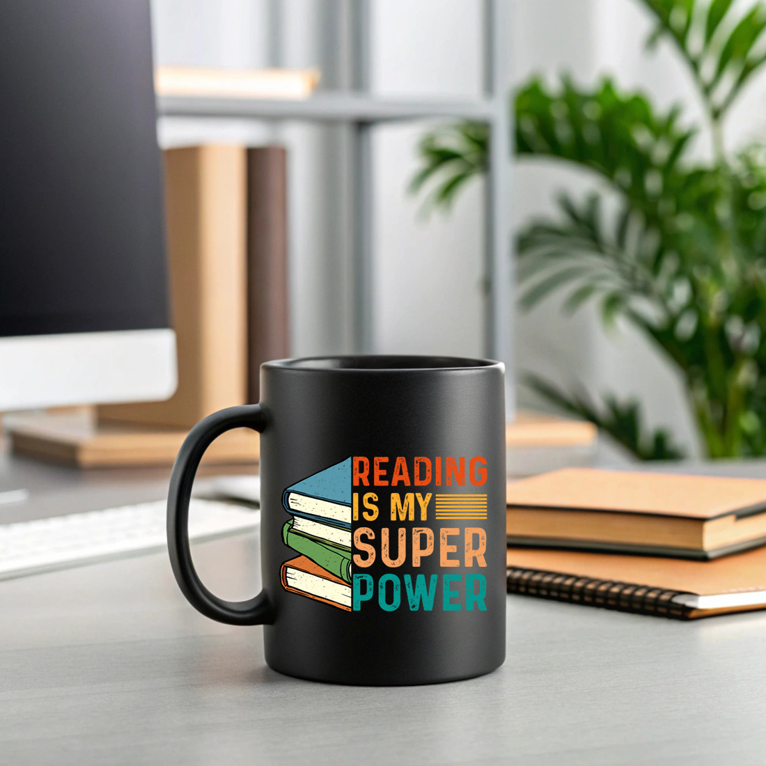 retro book lover t shirt design reading is my superpower vintage style 2 black mug mock up 452