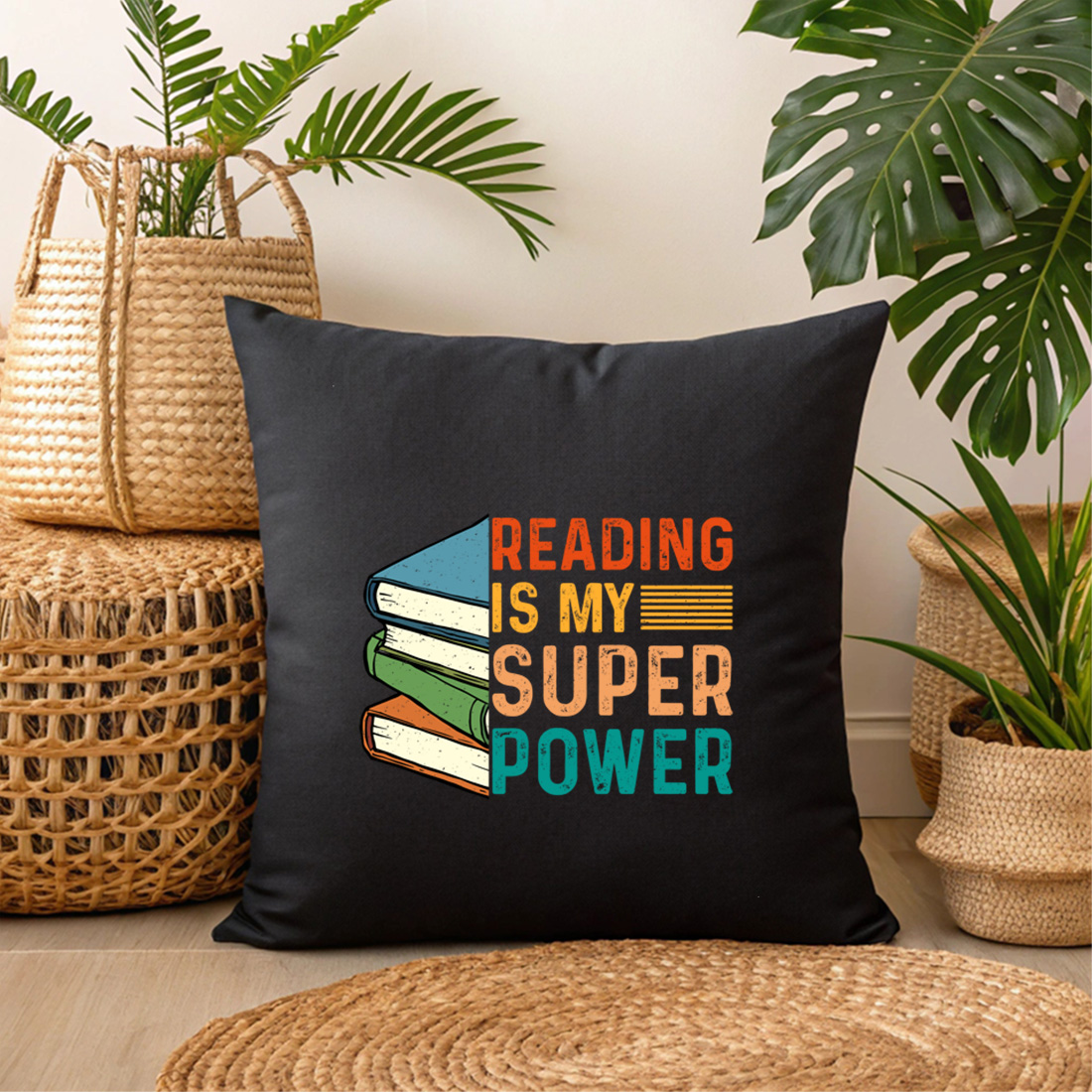 retro book lover t shirt design reading is my superpower vintage style 3 black pillow mock up 704