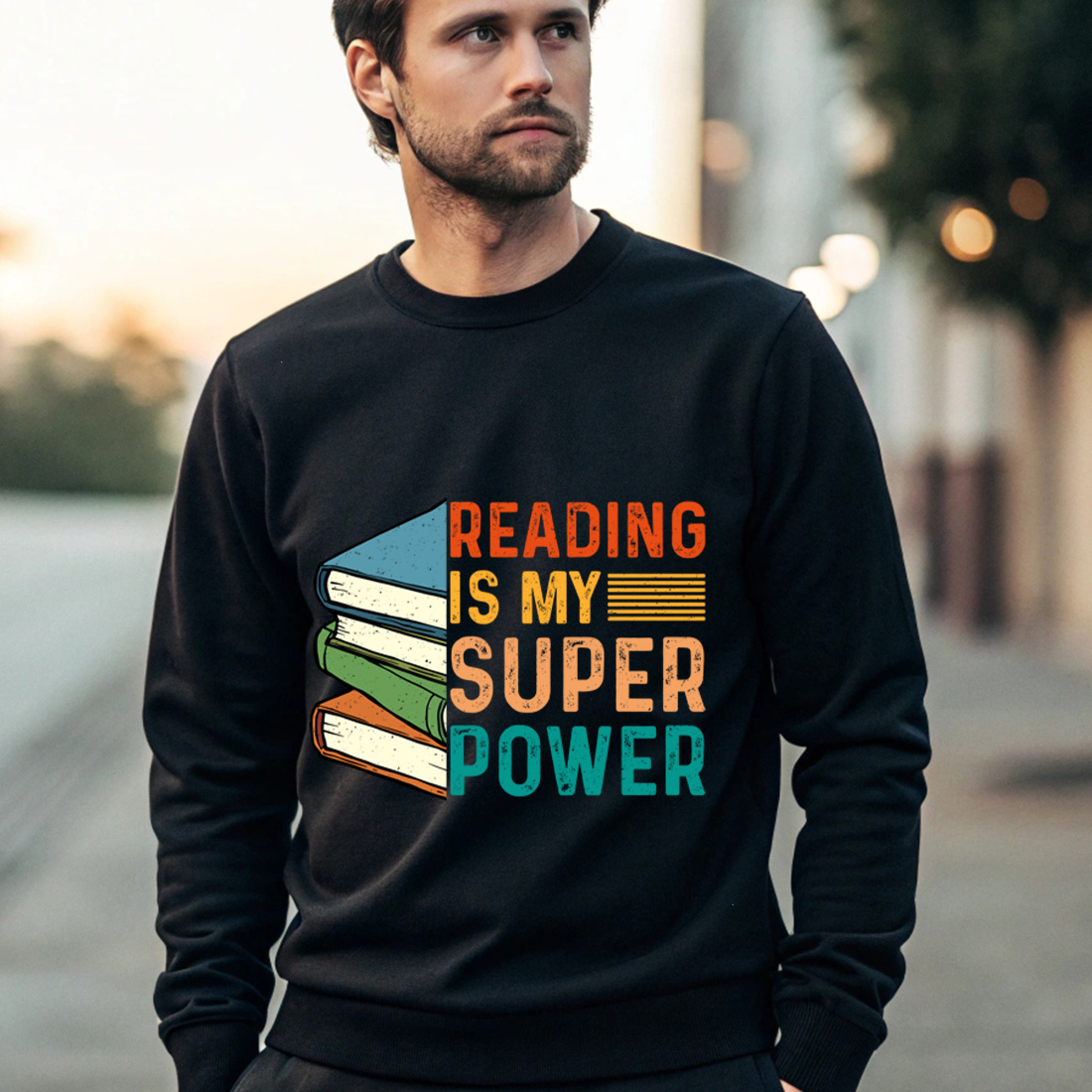 retro book lover t shirt design reading is my superpower vintage style 4 black male sweatshirt mock up 232