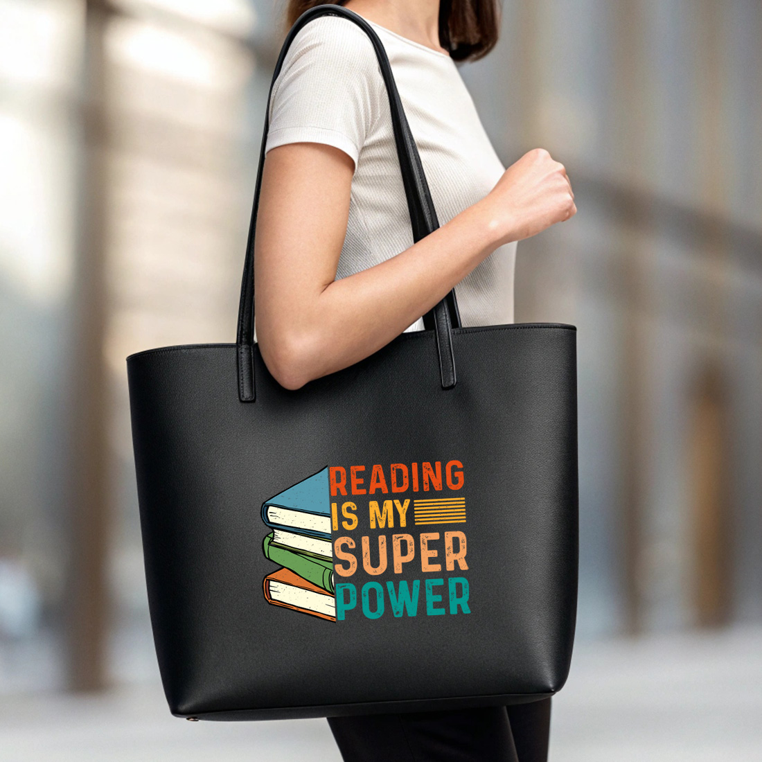 retro book lover t shirt design reading is my superpower vintage style 6 black tote beg mock up 156