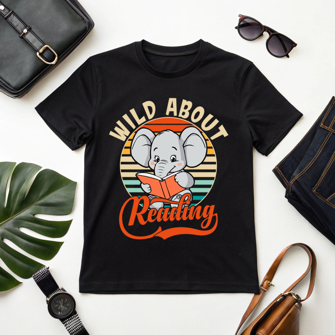 Retro Striped Elephant Reading Design for Apparel & Gifts cover image.