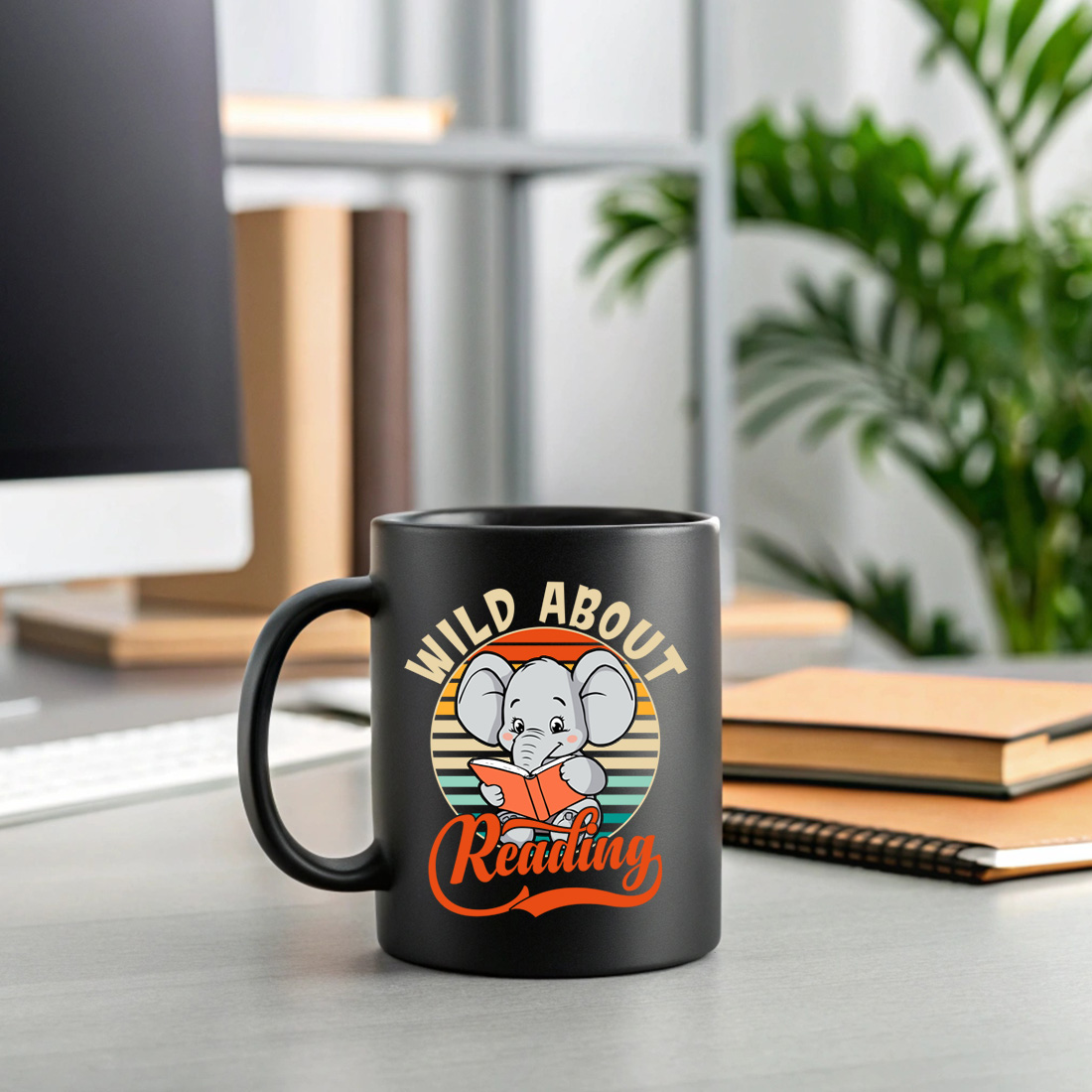 retro striped elephant reading design for apparel gifts 2 black mug mock up 62