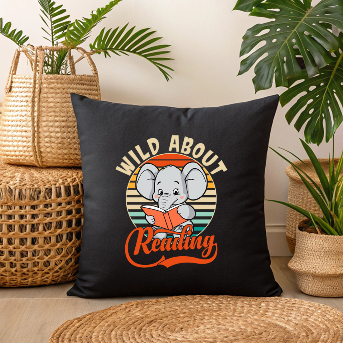 retro striped elephant reading design for apparel gifts 3 black pillow mock up 424