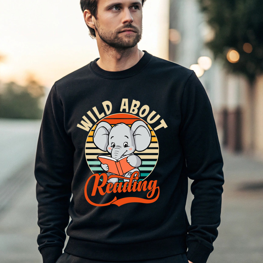 retro striped elephant reading design for apparel gifts 4 black male sweatshirt mock up 829