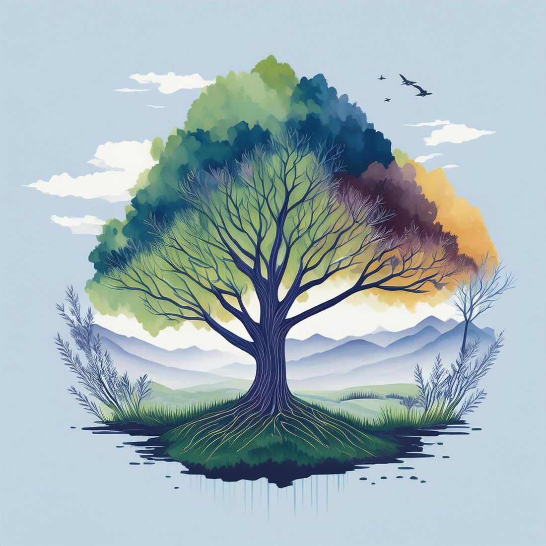 Serene Watercolor Tree Landscape – Tranquil Nature Painting preview image.