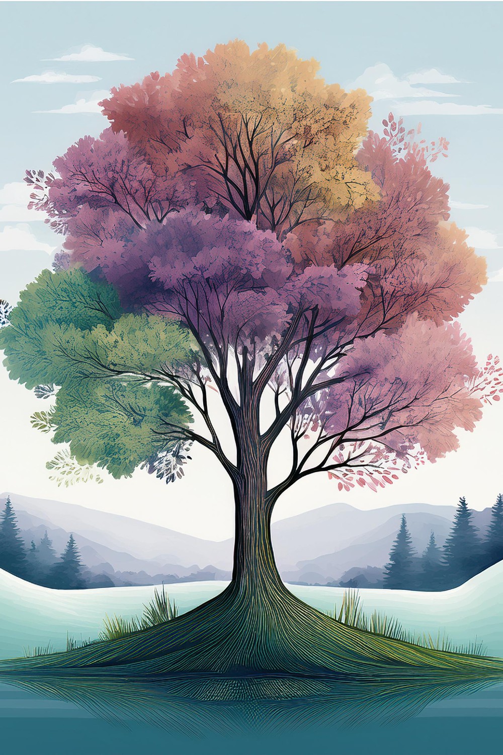 Serene Watercolor Tree Landscape – Tranquil Nature Painting pinterest preview image.