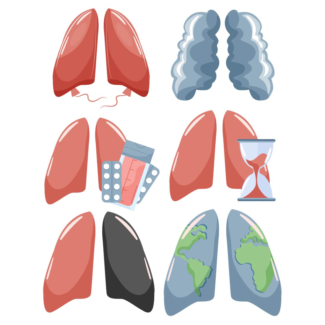 Set of 12 Lungs Icons – Healthy & Unhealthy, Planet Lungs, Cigarette Lungs preview image.