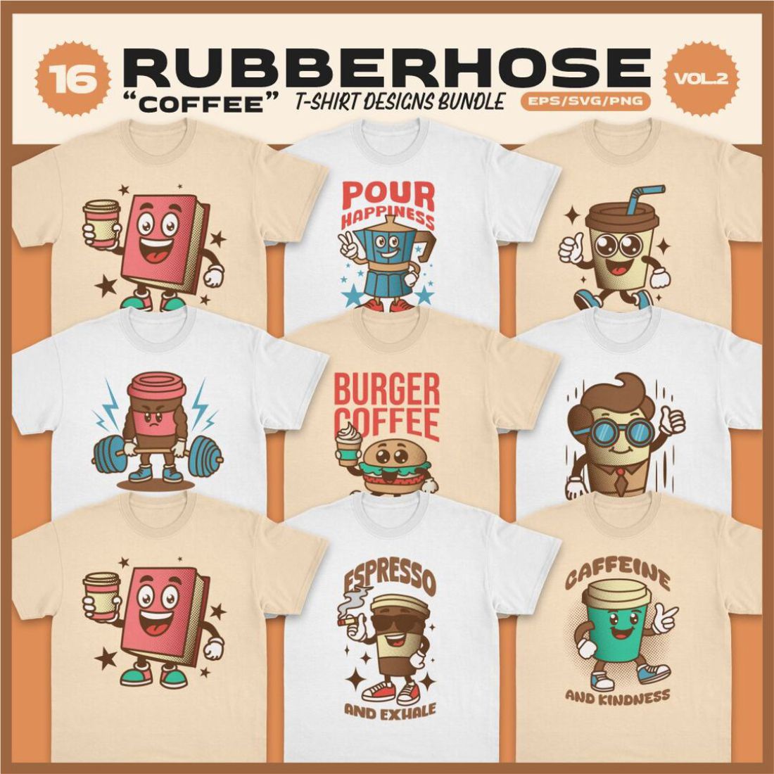 Rubberhose Coffee T-shirt Designs Vector cover image.