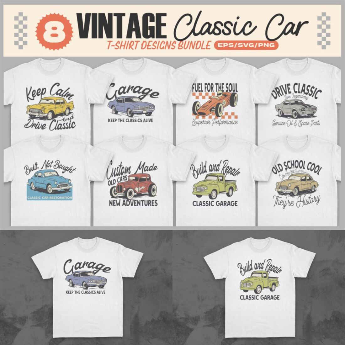 Vintage Classic Car T-shirt Designs Bundle cover image.